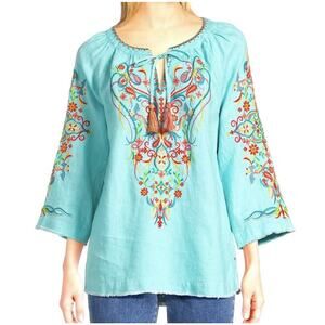 JOHN MARK Petite 100% Linen Blue Floral Embroidered Raw Hem Tunic Blouse Top L